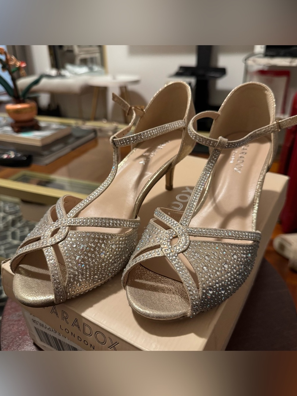 Paradox Gold Crystal T-Strap Heels